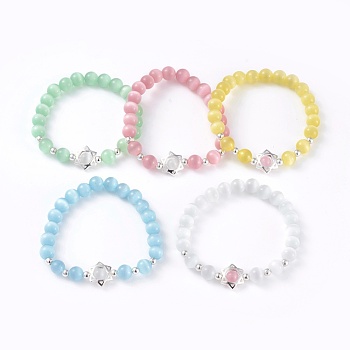 Cat Eye Round Bead Stretch Bracelets, with Zinc Alloy Findings, for Jewish, Star of David, Silver, Mixed Color, 51.5mm