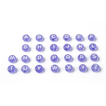 Transparent Acrylic Beads, Flat Round with White Mixed Letters, Lilac, 7x4mm, Hole: 1.5mm, about 1480pcs/200g