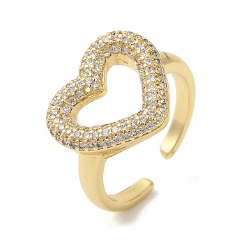 Heart Brass Micro Pave Clear Cubic Zirconia Open Cuff Rings, for Women, Lead Free & Cadmium Free, Real 18K Gold Plated, 18mm, Adjustable