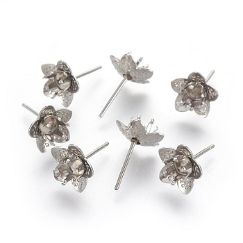 Tarnish Resistant 304 Stainless Steel Stud Earring Findings, Flower, Stainless Steel Color, 10mm, 4mm inner diameter, Pin: 0.9mm