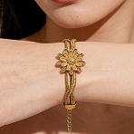 304 Stainless Steel Snake Chain Double Layers Bangles for Women, Sunflower, Golden, 7.01 inch(17.8cm), flower: 24mm(BJEW-D465-04A-G)