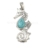 Tibetan Style Alloy Big Pendants, Sea Horse Charms, with Synthetic Turquoise, Antique Silver, 89.5x42.5x7.5mm, Hole: 5.5x12mm(FIND-D037-05AS)