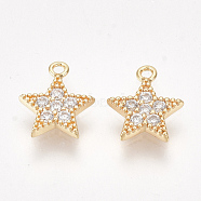 Brass Cubic Zirconia Charms, Star, Clear, Nickel Free, Real 18K Gold Plated, 8.5x7x1.5mm, Hole: 1mm(KK-S350-278)