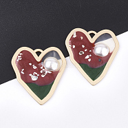 Epoxy Resin Pendants, with ABS Plastic Imitation Pearl and Shell, Alloy Findings and  Enamel, Heart, FireBrick, 40x34.5x5.5~6mm, Hole: 3x3mm(X-RESI-S365-54C)