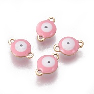 Ion Plating(IP) 304 Stainless Steel Enamel Links connectors, Flat Round with Evil Eye, Golden, Pink, 12x8x4mm, Hole: 1.4mm(STAS-F206-02G-B09)