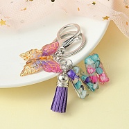 Resin Letter & Acrylic Butterfly Charms Keychain, Tassel Pendant Keychain with Alloy Keychain Clasp, Letter M, 9cm(KEYC-YW00001-13)