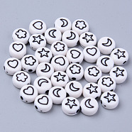 Opaque White Acrylic Beads, Flat Round with Black Star & Heart & Moon & Flower, 7x3.5mm, Hole: 1.5mm(X-MACR-S273-45B)