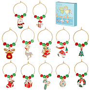 Christmas Alloy Enamel Wine Glass Charms, with Brass Hoop Earring Findings, Candy Cane/Gloves/Wreath/Bell/Santa Claus, Mixed Color, 47~61mm, 12pcs/set(AJEW-SC0002-03)