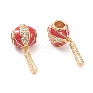 Brass Enamel European Beads, Large Hole Beads, Long-lasting Plated, with Micro Pave Clear Cubic Zirconia, Lantern, Red, Real 18K Gold Plated, 25x11x9.5mm, Hole: 5mm(MPDL-P005-04G)