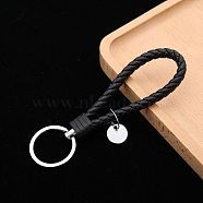 PU Leather Knitting Keychains, Wristlet Keychains, with Platinum Tone Plated Alloy Key Rings, Black, 12.5x3.2cm(KEYC-PW0002-002A-15)