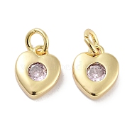 Brass Micro Pave Cubic Zirconia Charms, with Jump Ring, Heart, Real 18K Gold Plated, Pink, 8x6.5x2.5mm, Hole: 2.5mm(KK-C051-07G-02)