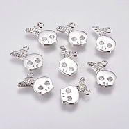 Brass Micro Pave Cubic Zirconia Charms, Skull, Real Platinum Plated, 13x12x1.5mm, Hole: 1mm(KK-A144-048P)