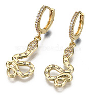 Brass Micro Pave Clear Cubic Zirconia Dangle Huggie Hoop Earrings, Nickel Free, Snake, Real 16K Gold Plated, 37mm, Pin: 1mm(EJEW-S208-107-NF)