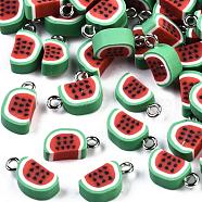 Handmade Polymer Clay Charms, with Platinum Iron Findings, Watermelon, Lime Green & Red, 14~16x8x4.5mm, Hole: 1.8mm(CLAY-T016-53)