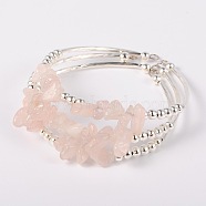 Gemstone Chip Bead Cuff Bracelets, with Brass Tube Beads and Iron Round Beads, Silver Color Plated, Rose Quartz, 50x55mm(BJEW-JB01607-01)