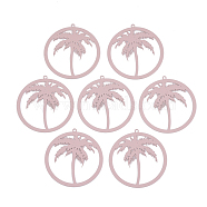 430 Stainless Steel Filigree Pendants, Spray Painted, Etched Metal Embellishments, Ring with Coconut Tree, Pink, 37x35x0.5mm, Hole: 1.4mm(STAS-S108-13D)