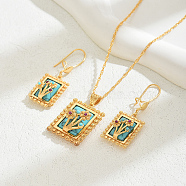 Rectangle Synthetic Turquoise Dangle Earrings & Pendant Necklaces Set, Brass Jewelry Sets for Women, Golden(YJ4866)