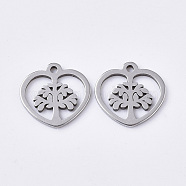 Non-Tarnish 201 Stainless Steel Charms, Heart with Tree of Life, Stainless Steel Color, 10x10x1mm, Hole: 1mm(X-STAS-T050-021P)