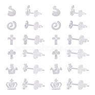 60 Sets 6 Style Crown & Cross & Swan & Vortex Transparent Resin Stud Earrings for Women, Clear, 11.5~12.5mm, Pin: 0.8mm, 10 Sets/style(EJEW-BG0001-02)
