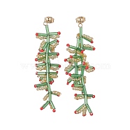 Glass Seed Braided Branch Dangle Stud Earrings, Golden 304 Stainless Steel Christmas Earrings for Women, Colorful, 64mm, Pin: 0.7mm(EJEW-MZ00070-02)