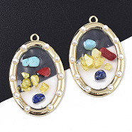 Epoxy Resin Pendants, with ABS Plastic Imitation Pearl, Gemstone Chip, Glass and Light Gold Plated Alloy Open Back Bezel, Oval, Clear, 39x25.5x3.5mm, Hole: 1.8mm(X-RESI-T045-007)