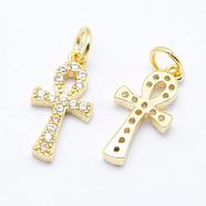 Brass Micro Pave Grade AAA Cubic Zirconia Tiny Cross Charms, Cadmium Free & Nickel Free & Lead Free, Real 18K Gold Plated, 13x6.5x2mm, Hole: 2.5mm(ZIRC-P067-10G-NR)