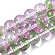 Transparent Spray Painted Glass Bead Strands, with Golden Foil, Round, Medium Sea Green, 10~11mm, Hole: 1.4~1.6mm, about 39~42pcs/Strand, 14.84 inch~15.27 inch(37.7~38.8cm)(X-GLAA-N035-03D-B01)