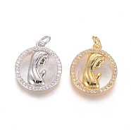 Brass Pendants, with Micro Pave Cubic Zirconia, Shell and Jump Rings, Flat Round with Virgin Mary, Clear, Mixed Color, 17.5x15.5x2.5mm, Hole: 3.5mm(KK-I656-35)