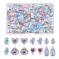 70Pcs 7 Style Electroplate Faceted Glass Pendants, Teardrop & Heart & Fan, Lilac, 15~24x12~19.5x5~7.5mm, Hole: 1.2~1.6mm, 10pcs/style(EGLA-TA0001-11)