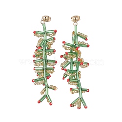 Glass Seed Braided Branch Dangle Stud Earrings, Golden 304 Stainless Steel Christmas Earrings for Women, Colorful, 64mm, Pin: 0.7mm(EJEW-MZ00070-02)