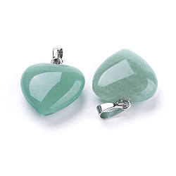 Natural Green Aventurine Pendants, with Brass Findings, Heart, Platinum, 23x20x7~9mm, Hole: 5x8mm(X-G-E434-08P)