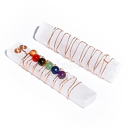 Chakra Jewelry, Natural Selenite Home Decorations, Brass Wire Wrapped Round Natural Gemstone Display Decorations, Rectangle, White, 70~90x12~16mm(G-F734-10A)