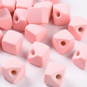 Acrylic Beads, Rubberized Style, Half Drilled, Gap Cube, Pink, 13.5x13.5x13.5mm, Hole: 3.5mm