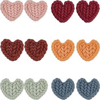 CHGCRAFT 12Pcs 6 Colors Handmade Polymer Clay Cabochons, Imitation Braided Pad, Heart, Mixed Color, 19.5~22x24.5~26.5x4~5mm, 2pcs/color