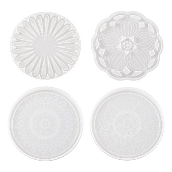 4Pcs 4 Style DIY Silicone Mandala Pattern Coaster Molds, Resin Casting Molds, For UV Resin, Epoxy Resin Craft Making, White, 102~105x6~10mm, 1pc/style