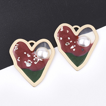 Epoxy Resin Pendants, with ABS Plastic Imitation Pearl and Shell, Alloy Findings and  Enamel, Heart, FireBrick, 40x34.5x5.5~6mm, Hole: 3x3mm