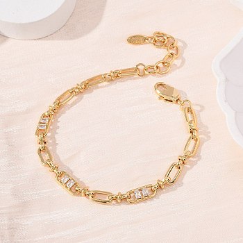 Oval & Paperclip Brass Micro Pave Cubic Zirconia Link Chain Bracelets for Women, Real 18K Gold Plated, Cadmium Free & Lead Free, Rack Plating, Long-Lasting Plated, White, 6.69 inch(17cm)