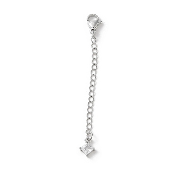 Brass Micro Pave Clear Cubic Zirconia Chain Extender, 925 Sterling Silver Plated, 60mm, Rhombus: 8.5x6.5x3mm