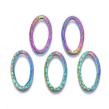 Rack Plating 304 Stainless Steel Link Ring, Cadmium Free & Nickel Free & Lead Free, Textured Oval, Rainbow Color, 24x13x1.5mm, Inner Diameter: 9x19.5mm