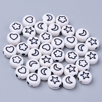 Opaque White Acrylic Beads, Flat Round with Black Star & Heart & Moon & Flower, 7x3.5mm, Hole: 1.5mm