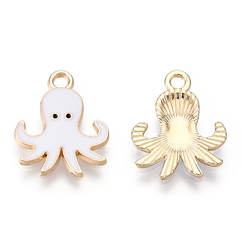 Alloy Enamel Pendants, Light Gold, Octopus, White, 20x16x2mm, Hole: 2mm