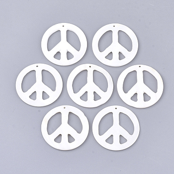 Freshwater Shell Pendants, Flat Round with Peace Sign, 30~30.5x1.5~2.5mm, Hole: 1mm
