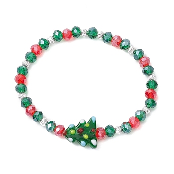 Christmas Tree Glass Beaded Stretch Bracelets, Christmas Theme Bracelets, Green, Inner Diameter: 2-1/4 inch(5.75cm)