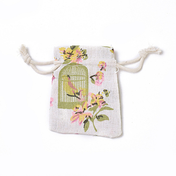 Burlap Packing Pouches, Drawstring Bags, Rectangle with Birdcage Pattern, Colorful, 8.7~9x7~7.2cm