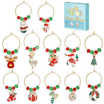 Christmas Alloy Enamel Wine Glass Charms, with Brass Hoop Earring Findings, Candy Cane/Gloves/Wreath/Bell/Santa Claus, Mixed Color, 47~61mm, 12pcs/set