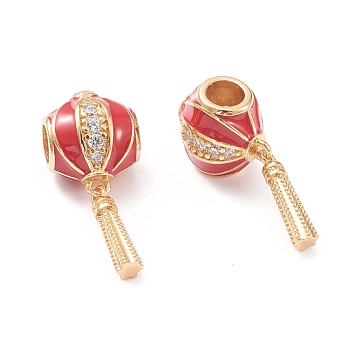 Brass Enamel European Beads, Large Hole Beads, Long-lasting Plated, with Micro Pave Clear Cubic Zirconia, Lantern, Red, Real 18K Gold Plated, 25x11x9.5mm, Hole: 5mm