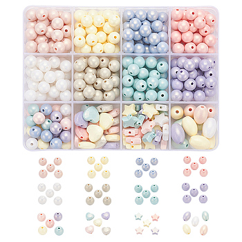 333Pcs 12 Style Spray Painted Acrylic Beads, Rubberized Style, Faceted, Round & Rice & Star & Heart, Mixed Color, 8~13.5x9.5~11.5x4~4.5mm, Hole: 1~2mm, 333pcs/box