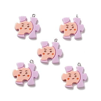 Opaque Resin Pendants, with Platinum Tone Iron Loops, Puzzle Charm with Face pattern, Plum, 25.5x25.5x4.5mm, Hole: 2mm