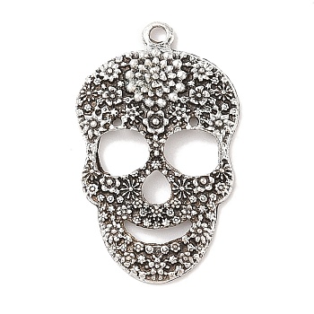 Day of the Dead Ornaments Tibetan Style Sugar Skull Pendants,  Cadmium Free & Nickel Free & Lead Free, for Halloween, Antique Silver, 49x31x5mm