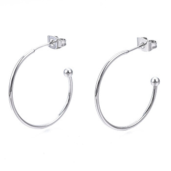 Brass Half Hoop Earrings, Stud Earring, Nickel Free, with Ear Nuts and 925 Sterling Silver Pins, Platinum, 26~30x25~28x3mm, Pin: 0.7mm